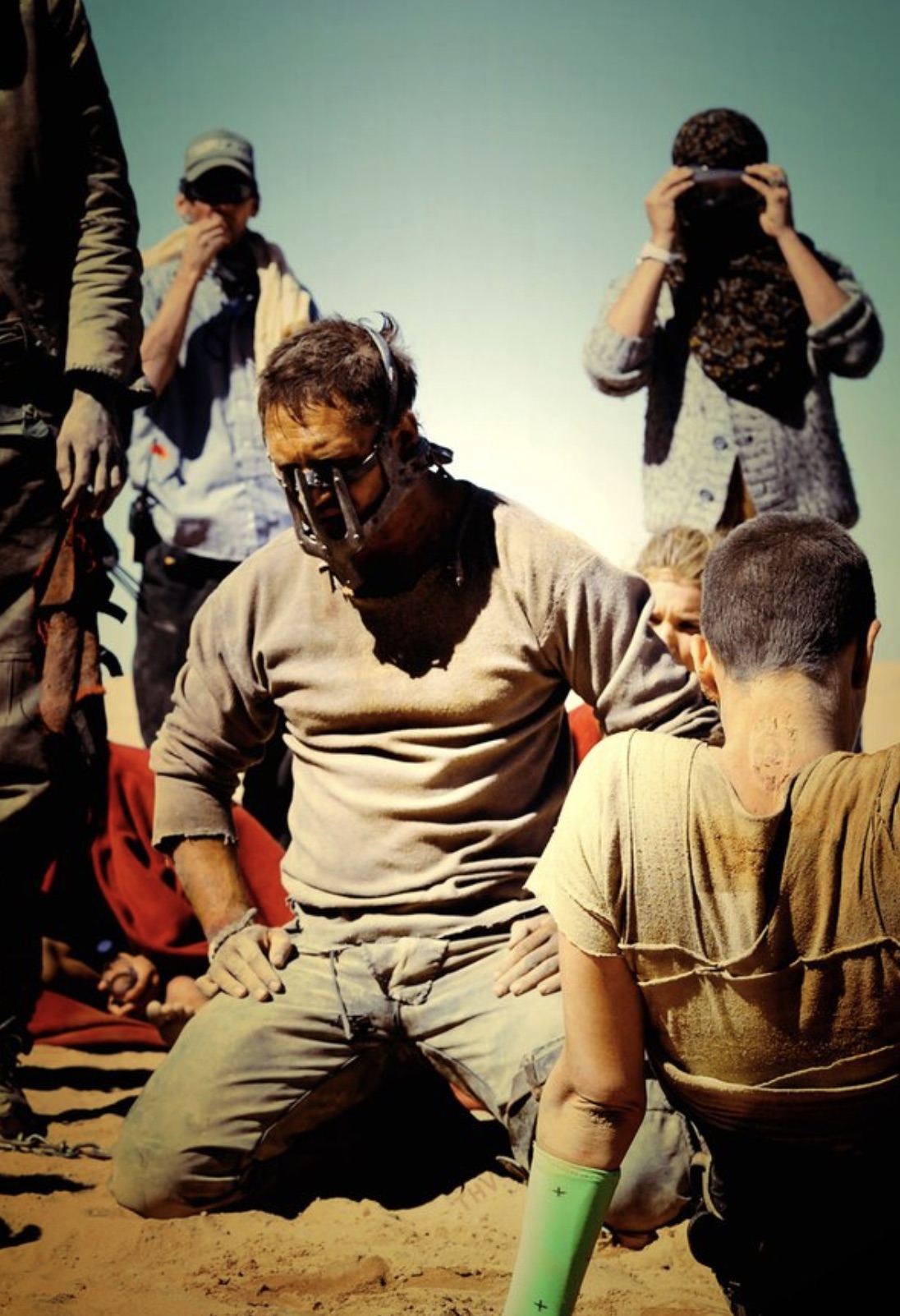 Tom Hardy and Charlize Theron on the set. Mad Max: Fury Road, 2015 